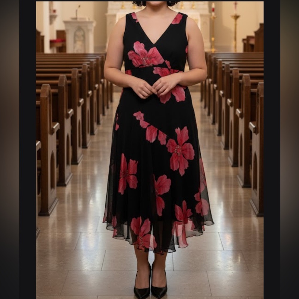 Collection Dressbarn Elegant Black and Pink Floral Dress size 12 90s Y2K